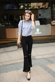 Spring high waist nine points micro speaker, fringes, wide leg pants, self-cultivation, elastic, thin jeans, women nine pants, female fringe.