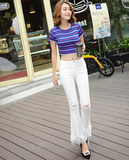 Spring high waist nine points micro speaker, fringes, wide leg pants, self-cultivation, elastic, thin jeans, women nine pants, female fringe.