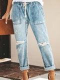 Fashion Casual Waist-Cutting Straight Hole Mid-Waist Trousers