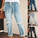 Fashion Casual Waist-Cutting Straight Hole Mid-Waist Trousers