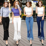 Spring high waist nine points micro speaker, fringes, wide leg pants, self-cultivation, elastic, thin jeans, women nine pants, female fringe.