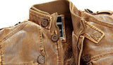 High-collared leather jacket, available in several trendy colors.