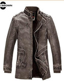 High-collared leather jacket, available in several trendy colors.