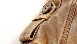 High-collared leather jacket, available in several trendy colors.