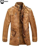 High-collared leather jacket, available in several trendy colors.
