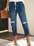 Fashion Casual Waist-Cutting Straight Hole Mid-Waist Trousers