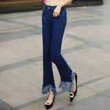 Spring high waist nine points micro speaker, fringes, wide leg pants, self-cultivation, elastic, thin jeans, women nine pants, female fringe.