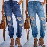 Ripped Feet, Casual Elastic Waist, Slim Fashion Loose Straight-Leg Jeans