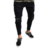HEFLASHOR Men Stretchy Ripped Skinny Biker Embroidery Print Slim Fit Jeans Destroyed Hole Taped Denim Scratched High Quality