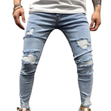 HEFLASHOR Men Stretchy Ripped Skinny Biker Embroidery Print Slim Fit Jeans Destroyed Hole Taped Denim Scratched High Quality
