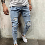 HEFLASHOR Men Stretchy Ripped Skinny Biker Embroidery Print Slim Fit Jeans Destroyed Hole Taped Denim Scratched High Quality