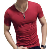 Korean Summer Men T-Shirt Short Sleeve V Neck Solid Color Tops Gym Fitness Casual Shirts GDD99