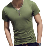 Korean Summer Men T-Shirt Short Sleeve V Neck Solid Color Tops Gym Fitness Casual Shirts GDD99