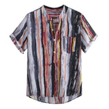 Summer Men Shirt Cotton Pocket Short Sleeve Turn-Down Collar Multi Color Stripe Lump Chest Round Hem Loose Shirts Chemise Homme