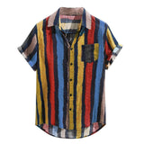 Summer Men Shirt Cotton Pocket Short Sleeve Turn-Down Collar Multi Color Stripe Lump Chest Round Hem Loose Shirts Chemise Homme