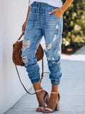 Ripped Feet, Casual Elastic Waist, Slim Fashion Loose Straight-Leg Jeans