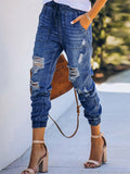 Ripped Feet, Casual Elastic Waist, Slim Fashion Loose Straight-Leg Jeans