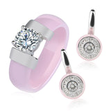 Fashion Crystal Bridal Wedding Jewelry Sets Black White Pink Healthy Ceramic Rhinestone Women Rings Stud Earrings Engagement