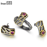 DreamCarnival 1989 New Geometric Fish Scale Earrings and Rings Set For Women Red Zircon Hot Pick Sunday Party Jewelry WE3959S2