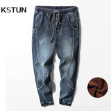 Winter Jeans Men Warm Joggers Jeans Harem Pants Thicken say hi to the denim version of sweatpants the elastic drawstring waist
