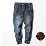 Winter Jeans Men Warm Joggers Jeans Harem Pants Thicken say hi to the denim version of sweatpants the elastic drawstring waist