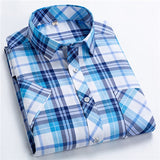 Checkered shirts for men Summer short sleeved leisure slim fit Plaid Shirt square collar soft causal male tops with front pocket