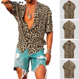 Summer Short Sleeve Leopard Print Shirt Men Lapel Neck Loose Button Up Blouse Breathable Streetwear Sexy Shirts Men INCERUN 2021
