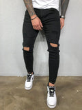 Men Jeans Black Blue Cool Skinny Knee Hole Ripped Stretch Slim Elastic Denim Pants Solid Color High Street Style Trousers Man
