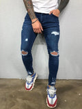 Men Jeans Black Blue Cool Skinny Knee Hole Ripped Stretch Slim Elastic Denim Pants Solid Color High Street Style Trousers Man