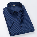 Summer S~8xl men's striped short sleeve dress shirt square collar non-iron regular fit anti-wrinkle  pocket  male social shirt