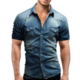 Men Spring Summer Denim Thin Shirt Short Sleeve Soft Cotton Two Pockets Slim Slight Elastic Jeans Cowboy Shirt Clothing