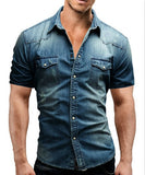 Men Spring Summer Denim Thin Shirt Short Sleeve Soft Cotton Two Pockets Slim Slight Elastic Jeans Cowboy Shirt Clothing