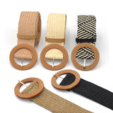 Summer Women Braided Elastic Belt Round Square Wooden Buckle Vintage Bohe Straw Buckle Belt Women Knitted Belt Dress Belt