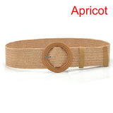 Summer Women Braided Elastic Belt Round Square Wooden Buckle Vintage Bohe Straw Buckle Belt Women Knitted Belt Dress Belt