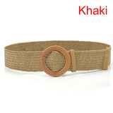 Summer Women Braided Elastic Belt Round Square Wooden Buckle Vintage Bohe Straw Buckle Belt Women Knitted Belt Dress Belt