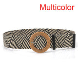 Summer Women Braided Elastic Belt Round Square Wooden Buckle Vintage Bohe Straw Buckle Belt Women Knitted Belt Dress Belt