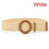 Summer Women Braided Elastic Belt Round Square Wooden Buckle Vintage Bohe Straw Buckle Belt Women Knitted Belt Dress Belt
