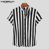 2021 Men Striped Shirt Brand Stand Collar Streetwear Short Sleeve Button Casual Camisa Hombre Leisure Fashion Tops INCERUN S-5XL