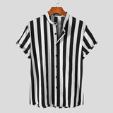 2021 Men Striped Shirt Brand Stand Collar Streetwear Short Sleeve Button Casual Camisa Hombre Leisure Fashion Tops INCERUN S-5XL