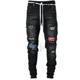 Men's Skinny Ripped Jeans Fashion Grid Beggar Patches Slim Fit Stretch Casual Denim Pencil Pants Painting Jogging Trousers Men
