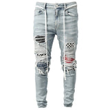 Men's Skinny Ripped Jeans Fashion Grid Beggar Patches Slim Fit Stretch Casual Denim Pencil Pants Painting Jogging Trousers Men