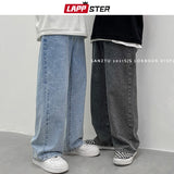 LAPPSTER Men Korean Streetwear Wide Legs Baggy Jeans 2021 Mens Autumn Harajuku Vintage Blue Denim Pants Male Casual Cargo Pants