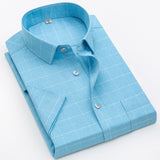 Checkered shirts for men Summer short sleeved leisure slim fit Plaid Shirt square collar soft causal male tops with front pocket