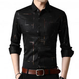 Slim Men Shirt Dress Long Sleeve Turn Down Collar Stripes Single-breasted Polo Business Shirt Top