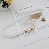 Women Double Pearl Belt PU Leather Dress Skirt Waist Elastic Thin Belts Ladies Waistband