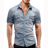 Men Spring Summer Denim Thin Shirt Short Sleeve Soft Cotton Two Pockets Slim Slight Elastic Jeans Cowboy Shirt Clothing