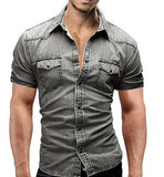 Men Spring Summer Denim Thin Shirt Short Sleeve Soft Cotton Two Pockets Slim Slight Elastic Jeans Cowboy Shirt Clothing