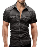Men Spring Summer Denim Thin Shirt Short Sleeve Soft Cotton Two Pockets Slim Slight Elastic Jeans Cowboy Shirt Clothing