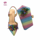 2021 New Design Rainbow Color Matching Shoes and Bag Set In Heels African Multi Pointed Toes Pumps for Party
