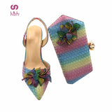 2021 New Design Rainbow Color Matching Shoes and Bag Set In Heels African Multi Pointed Toes Pumps for Party